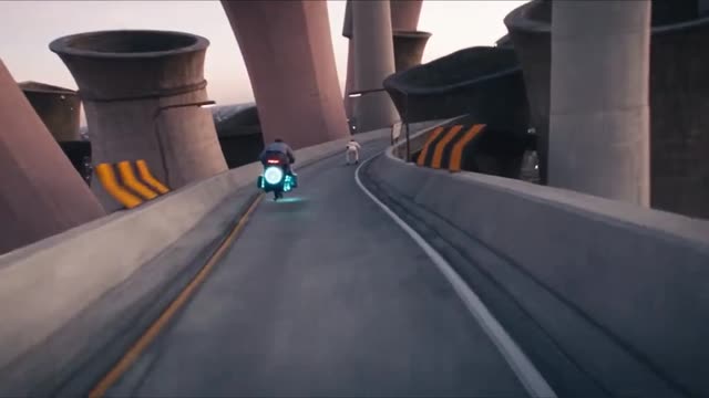 Crazy Frog AI clip ending: rider and hover-bike race off down the winding overpass